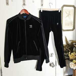 Adidas Black Velvet Velour Womens Tracksuit Track Jacket Leggings Set